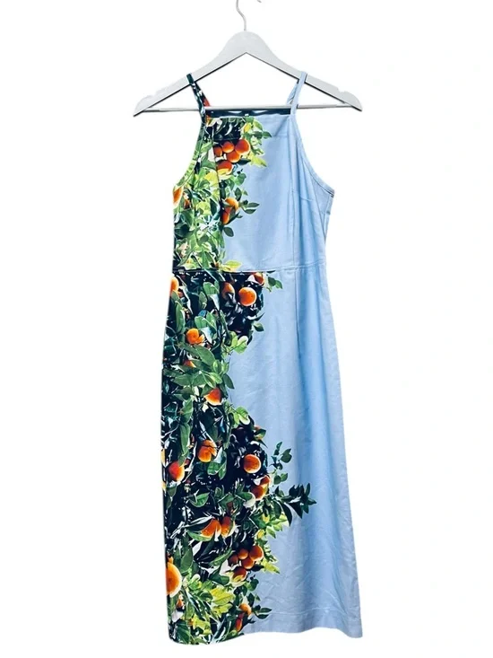 Anthropologie Maeve Orange Bough Citrus Print Sheath Midi Dress Blue Size 0 - Picture 2 of 7